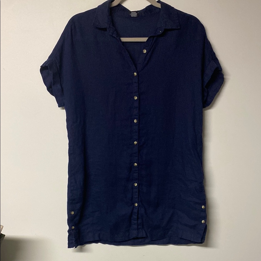 Nicole Miller Navy Blue Tunic Top 100% Linen